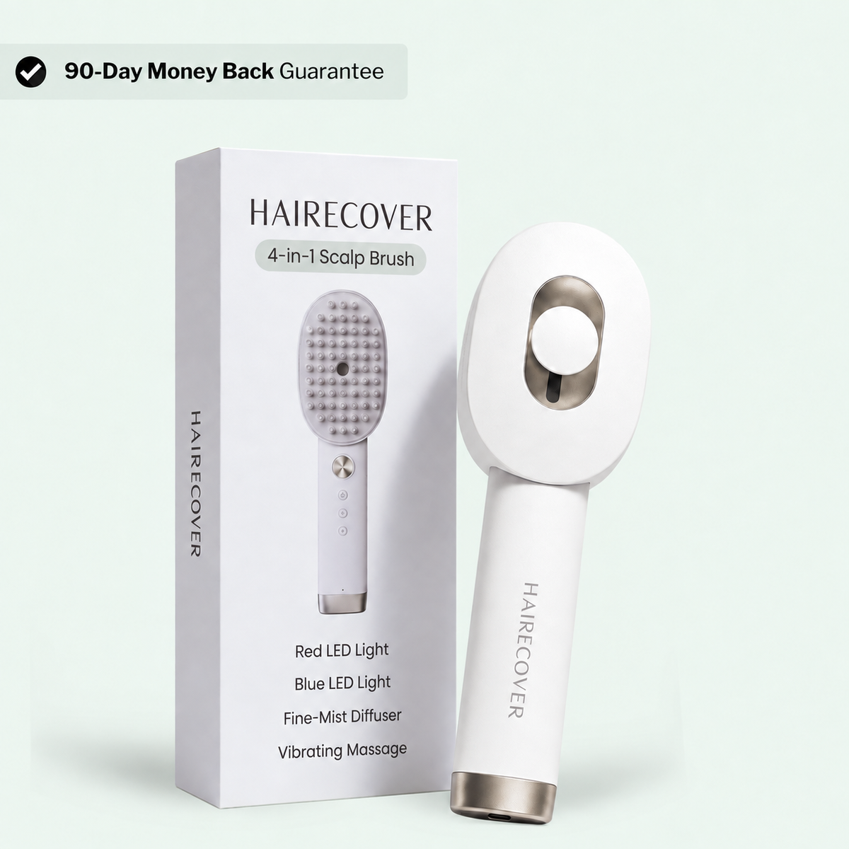 HAIRECOVER mist brush rear view with its gray vertical wordmark beside the matching retail box.