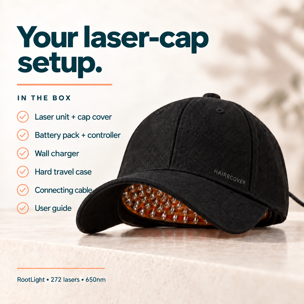 RootLight Laser Cap with HAIRECOVER front embroidery and a list of included controller battery, charger, hard travel case, cable and guide; small tonal HAIRECOVER logo at the lower corner above the brim