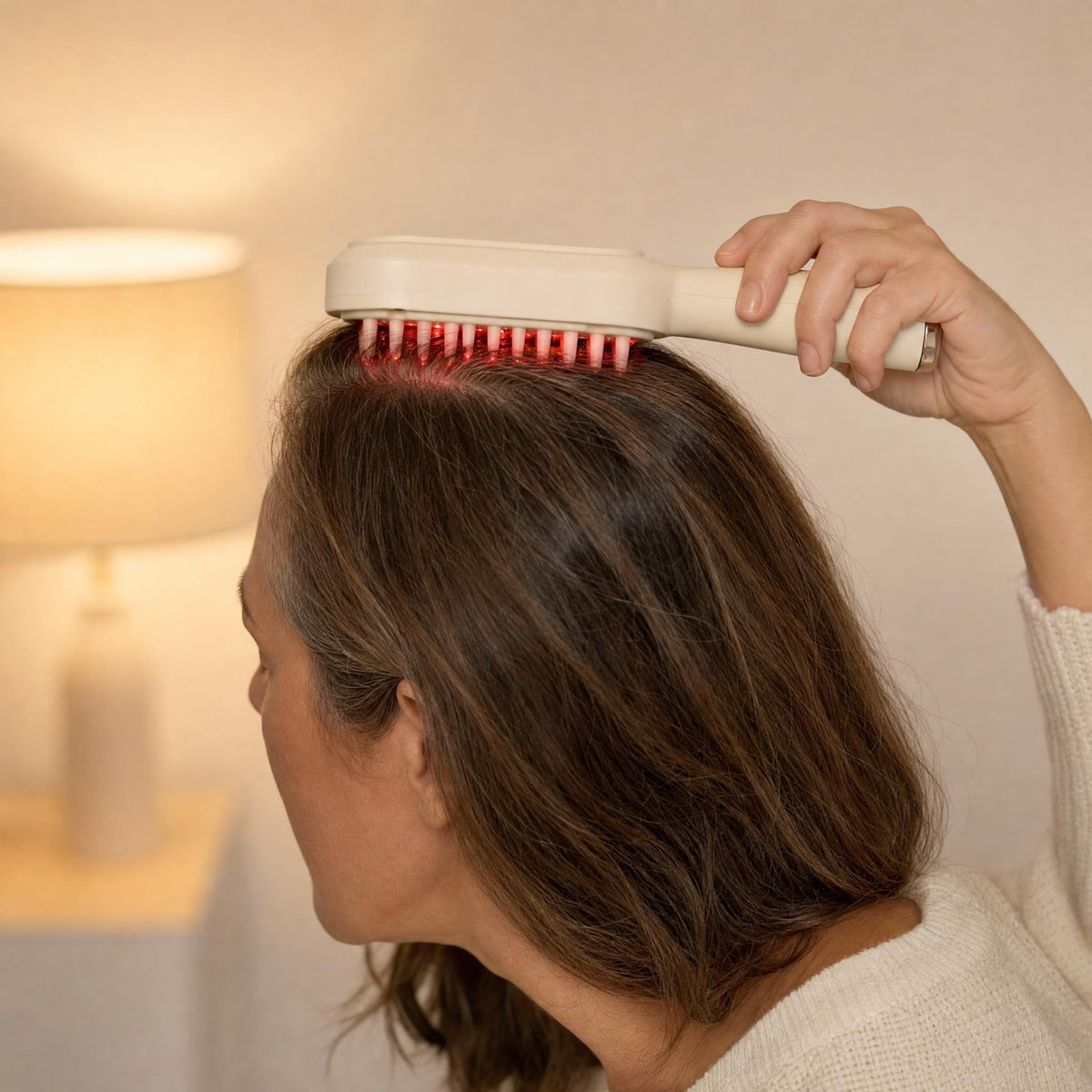 Woman in her late 40s gliding the HAIRECOVER scalp brush along her part in the evening, soft red glow at the tips