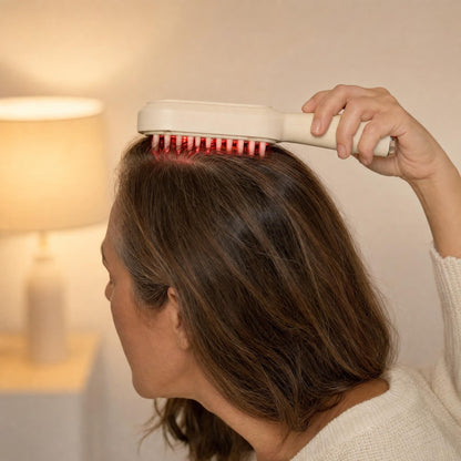 Woman in her late 40s gliding the HAIRECOVER scalp brush along her part in the evening, soft red glow at the tips