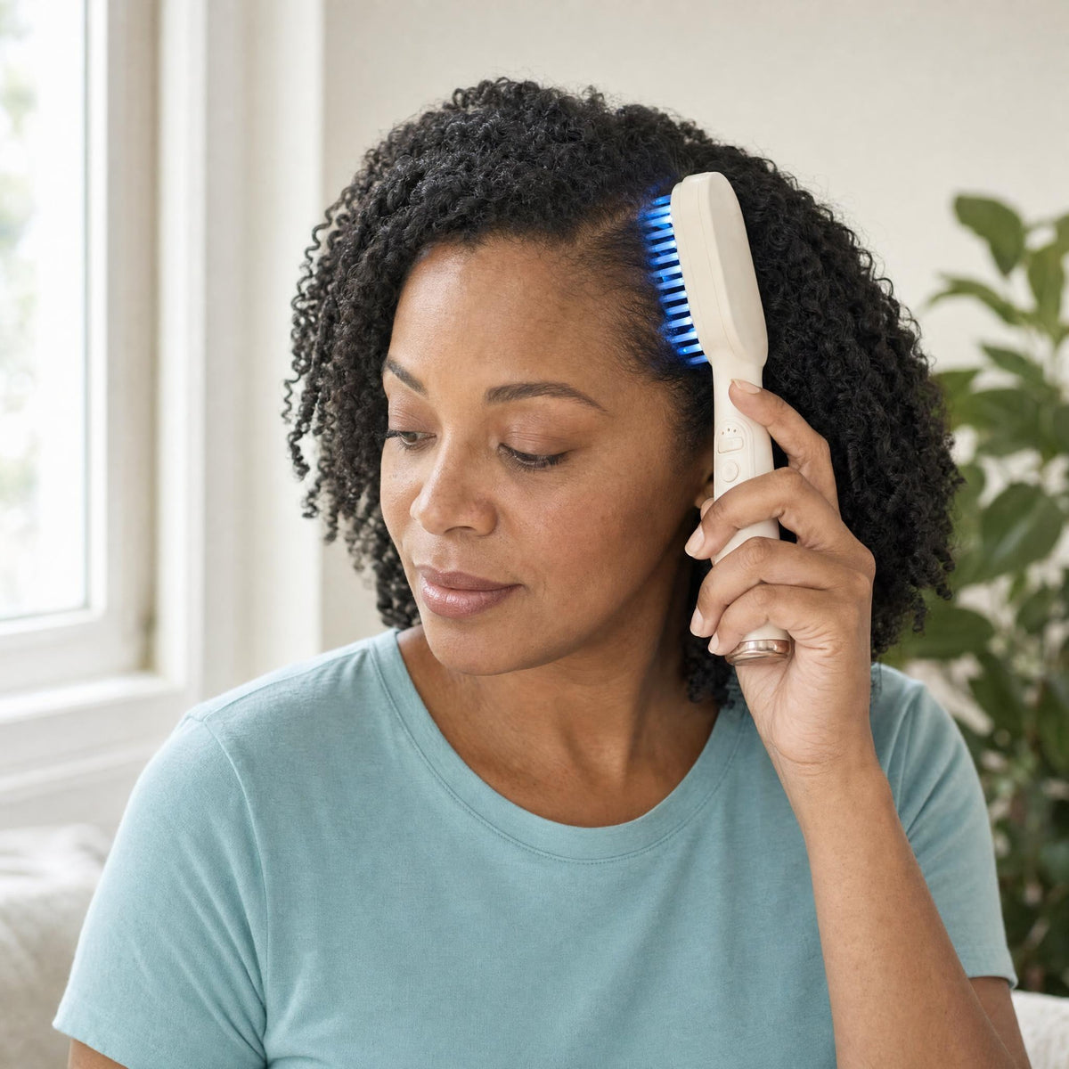 Woman in her early 40s using the HAIRECOVER scalp brush with soft blue glow on the side part of her hair