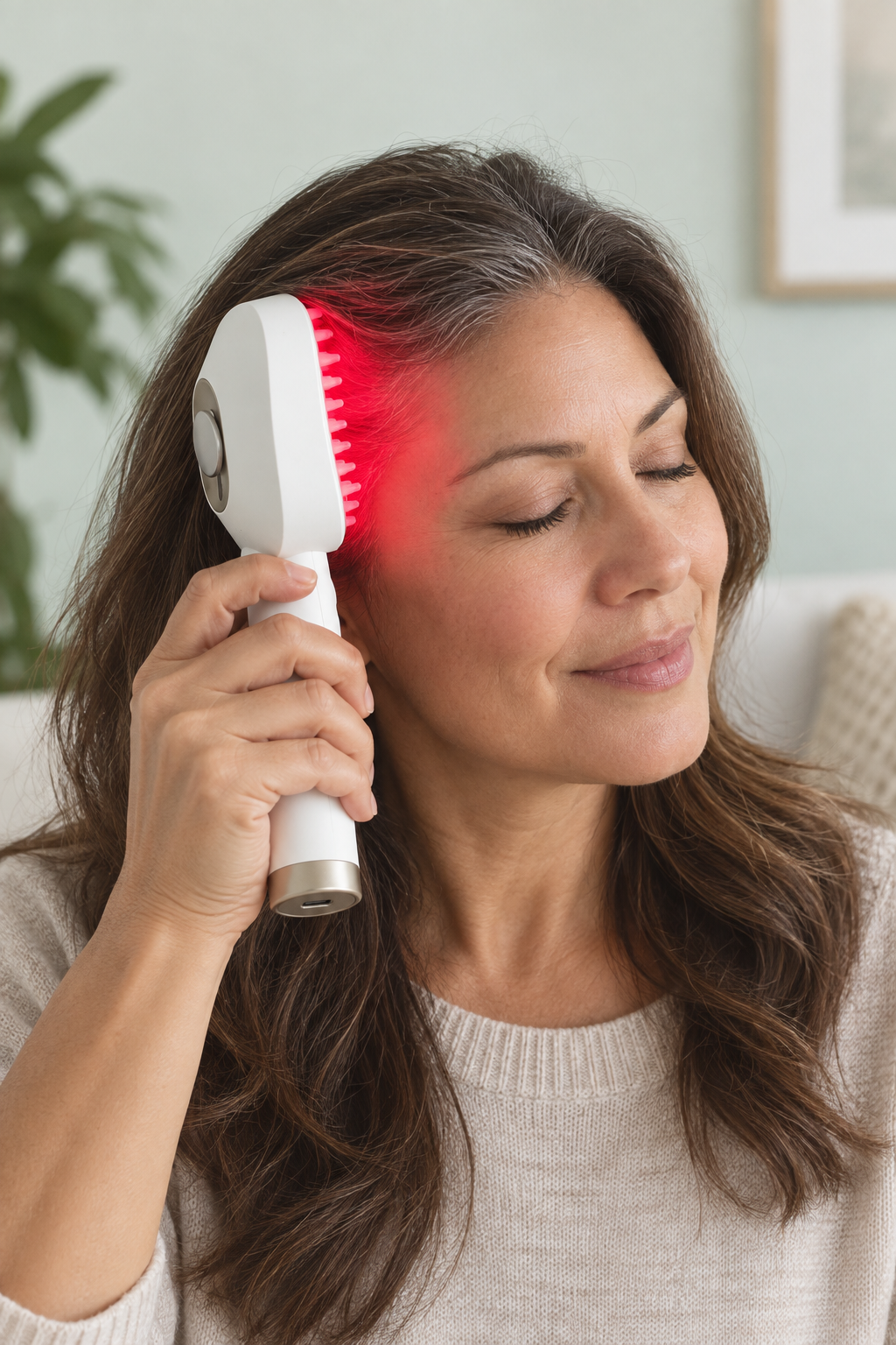 Woman using the HAIRECOVER brush in red LED mode at the temple, with the rear-handle logo naturally covered by her hand.