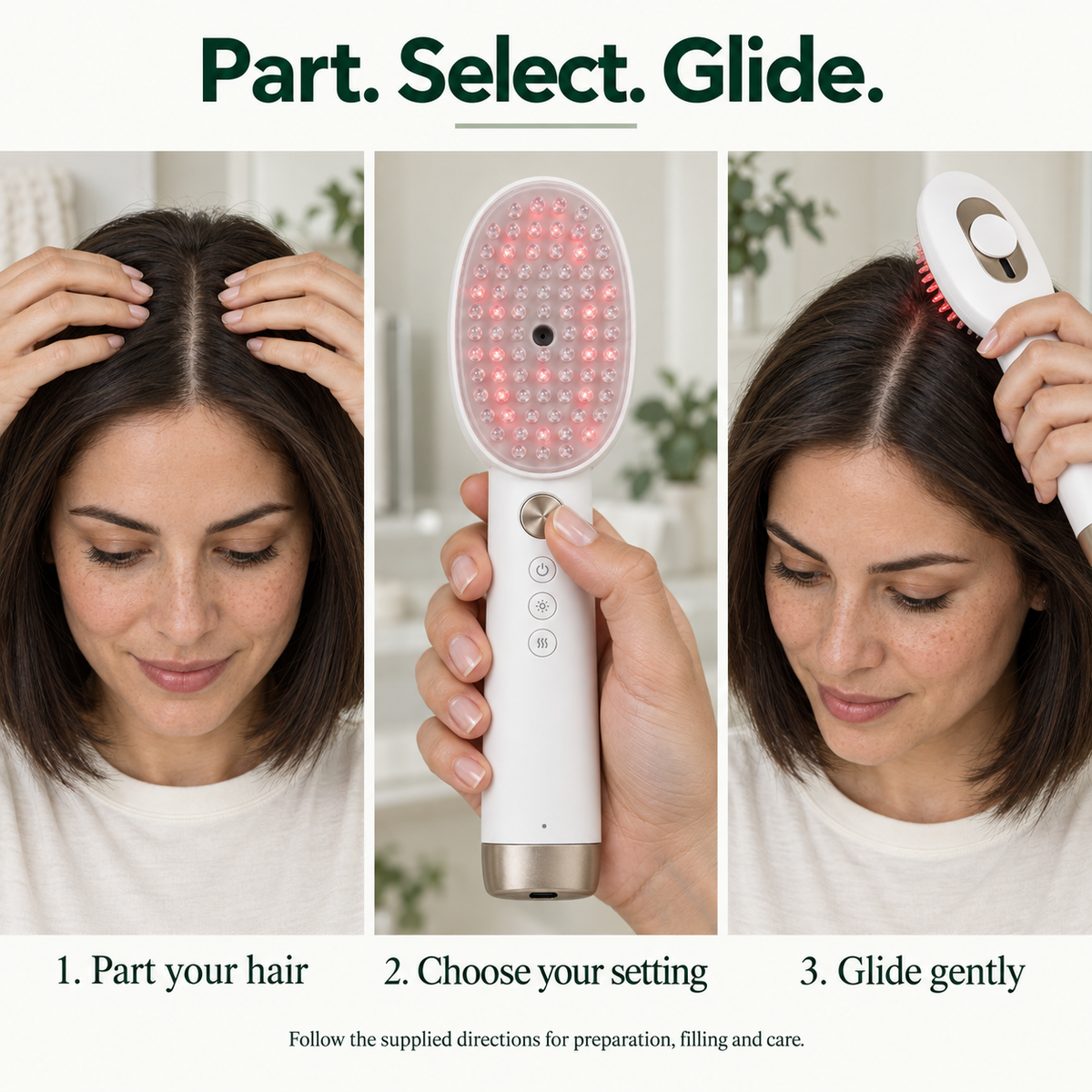 Three-step Hairecover brush tutorial with a new dark-haired woman: part hair, select settings, and gently glide the red-light brush along the scalp.