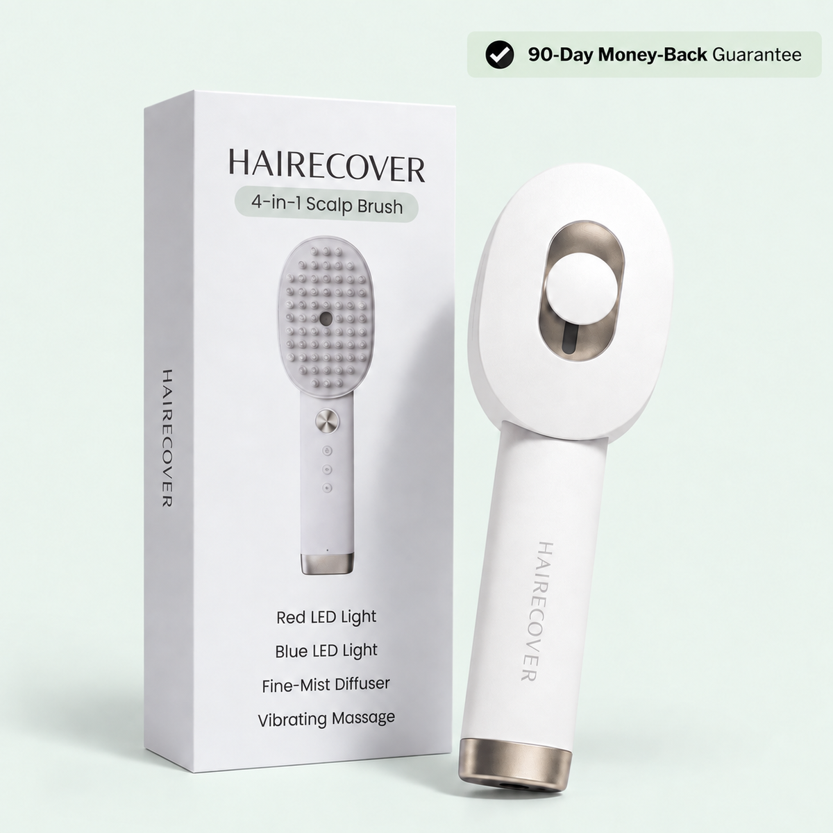 HAIRECOVER mist brush and retail box, with gray vertical branding on the rear handle.