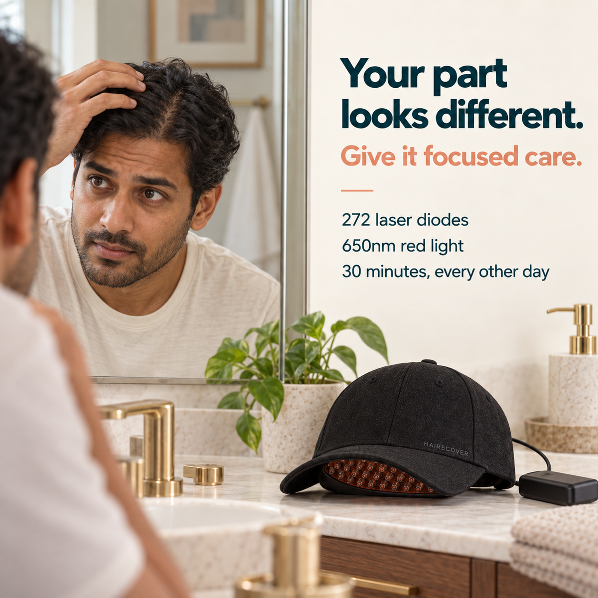 Hairecover RootLight scalp-care, with small tonal HAIRECOVER logo at the lower corner of the cap