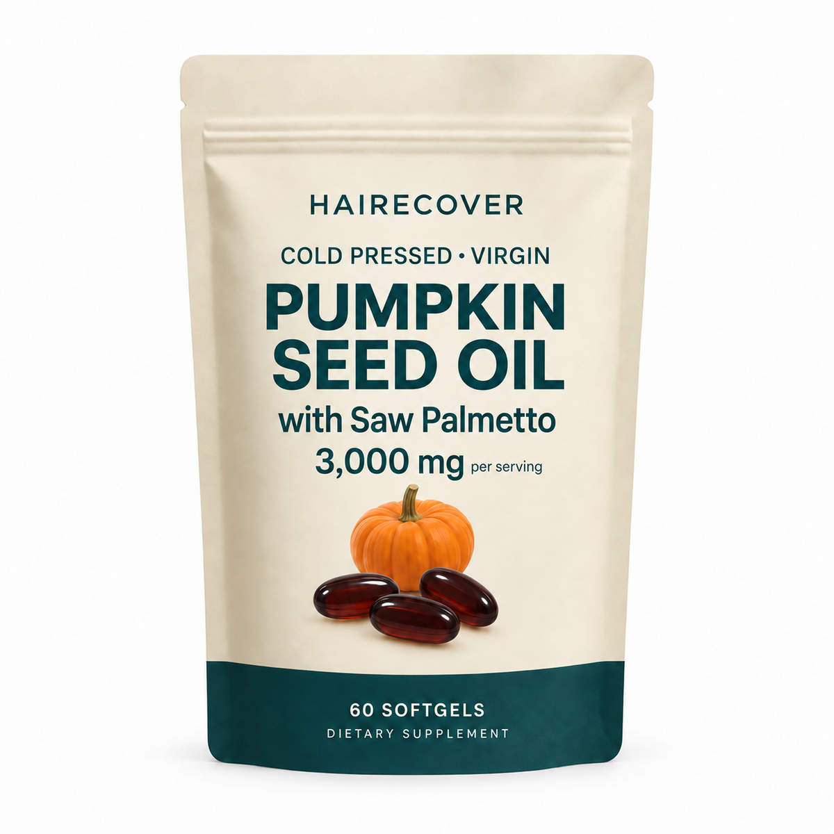 Hairecover Pumpkin Seed Oil with Saw Palmetto in the original resealable pouch format