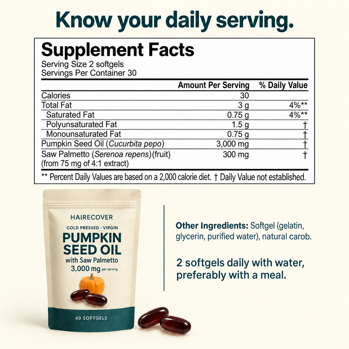 Supplement facts for Hairecover Pumpkin Seed Oil with Saw Palmetto, serving size two softgels