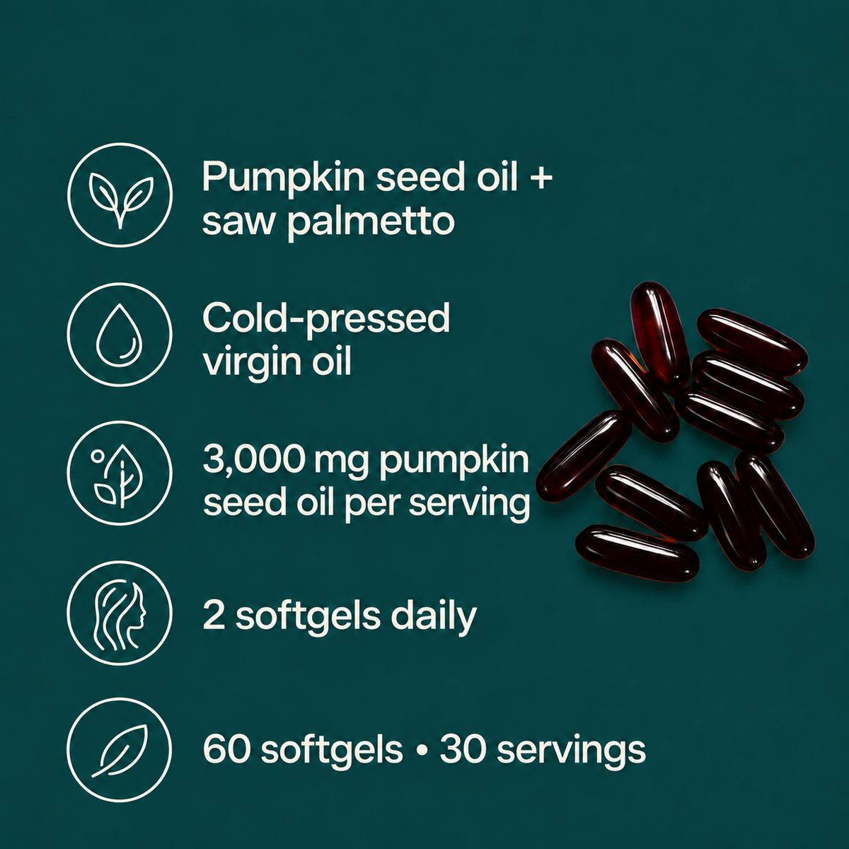 Dark oblong softgels beside the verified pumpkin seed oil and saw palmetto formula details.