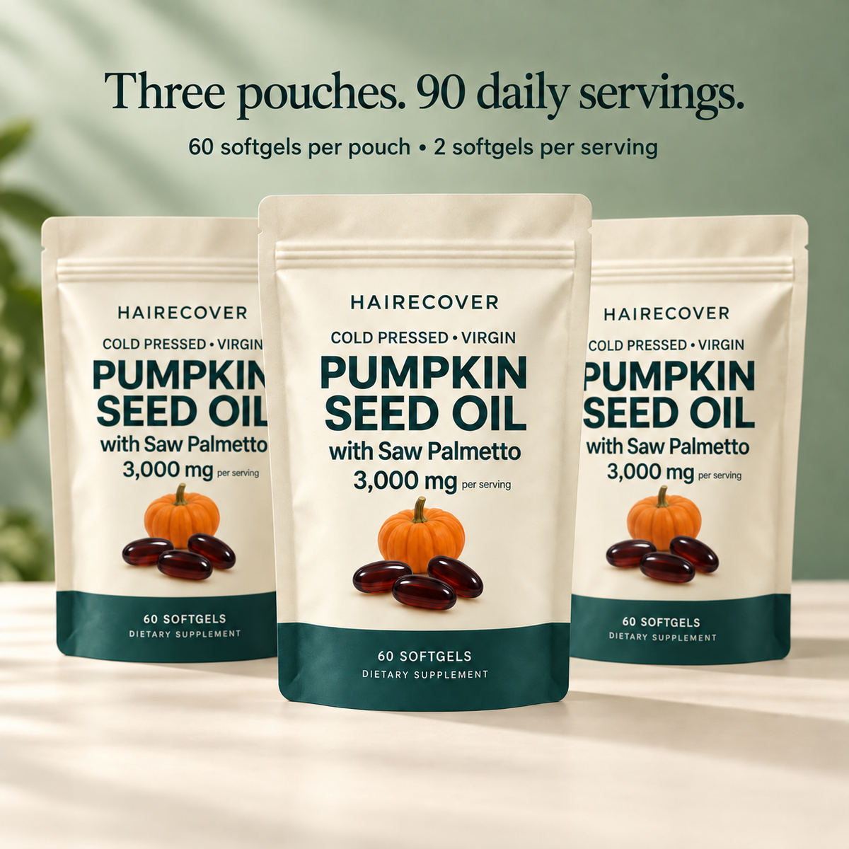 Three matching HAIRECOVER resealable pumpkin seed oil softgel pouches.