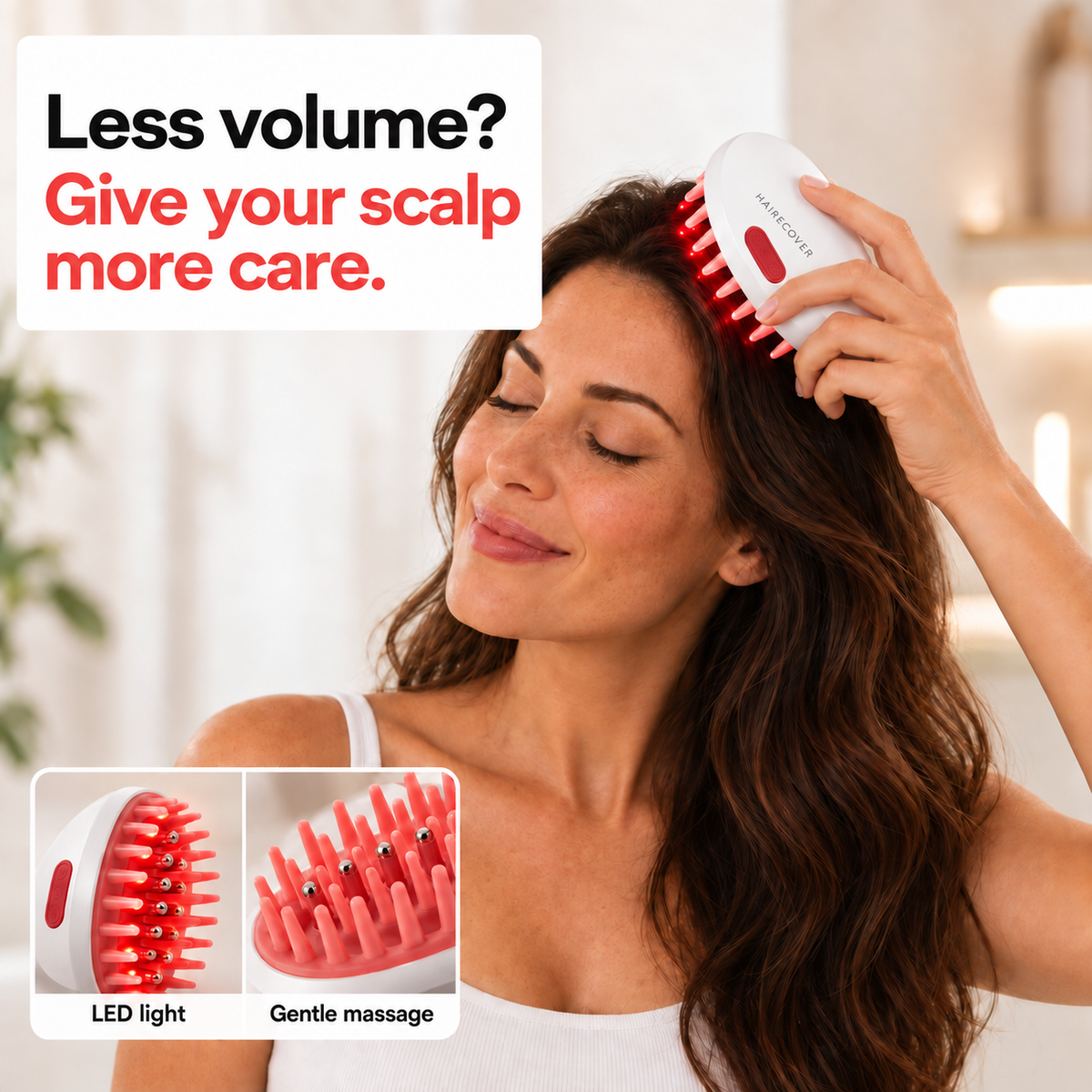 Woman using the Hairecover LED scalp massager at home