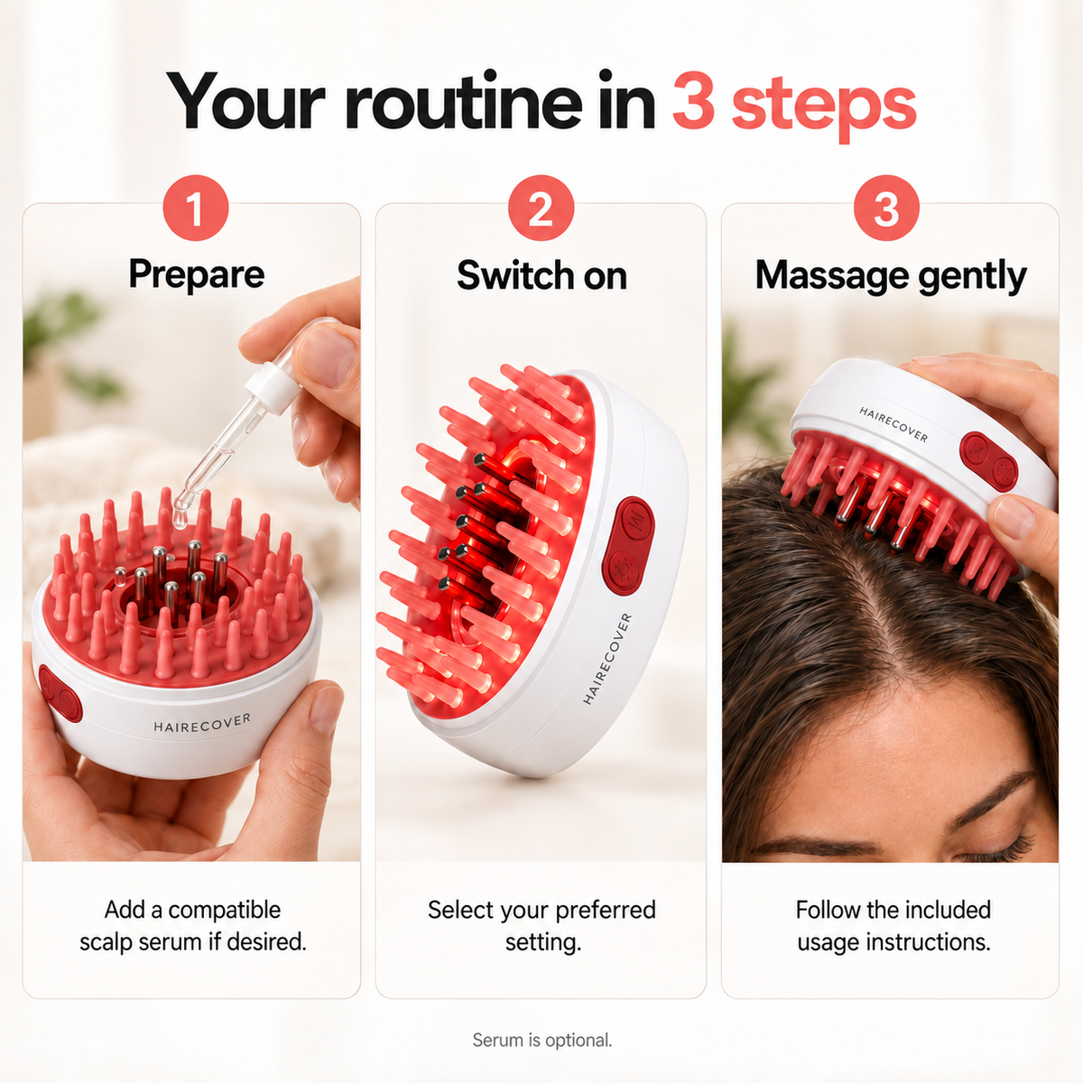 Three steps to use the Hairecover LED scalp massager: prepare, switch on, and massage gently