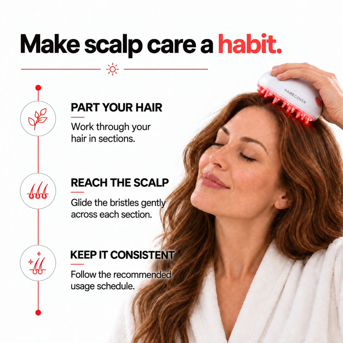 Hairecover scalp-care routine: part hair, reach scalp, keep consistent