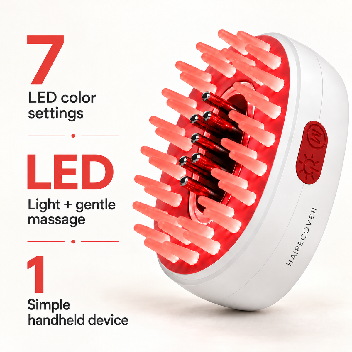 Hairecover scalp massager close-up showing coral bristles, LED lights and subtle branding
