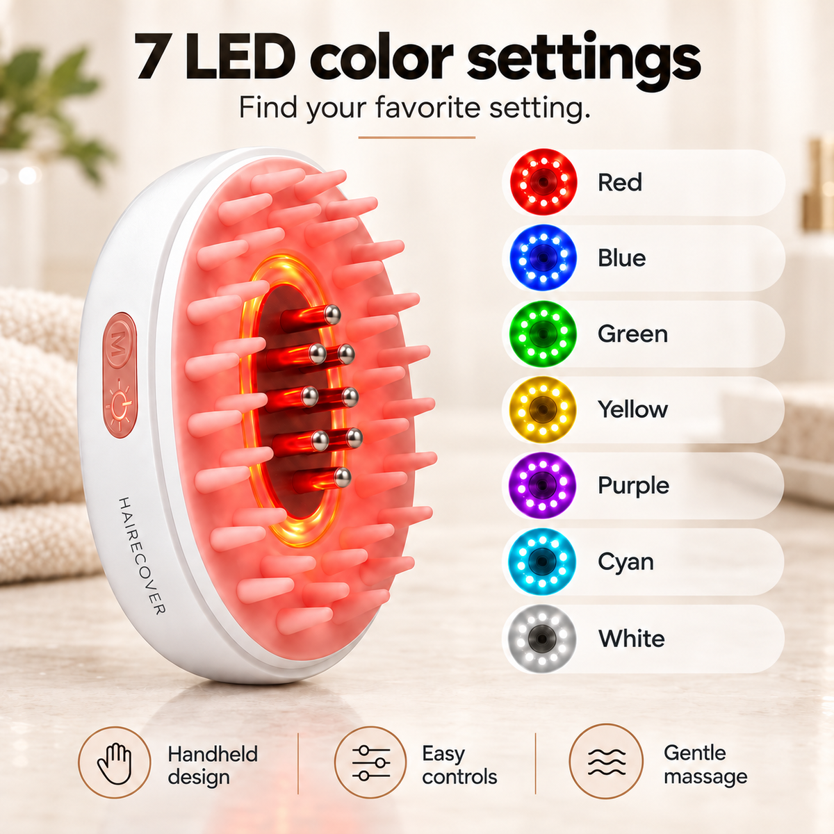 Seven LED color settings on the Hairecover scalp massager