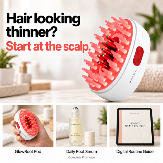 Hairecover GlowRoot Pod LED scalp massager with USB-C cable