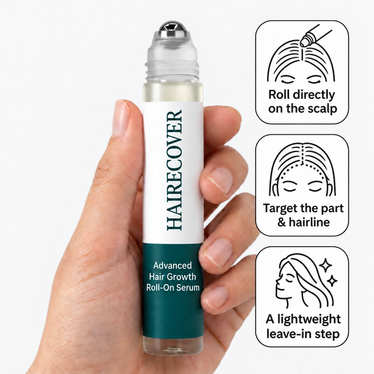 Hairecover Folivryn Scalp Care Roll-On Serum, slim clear glass roll-on with a vertical HAIRECOVER wordmark and dark-green label.