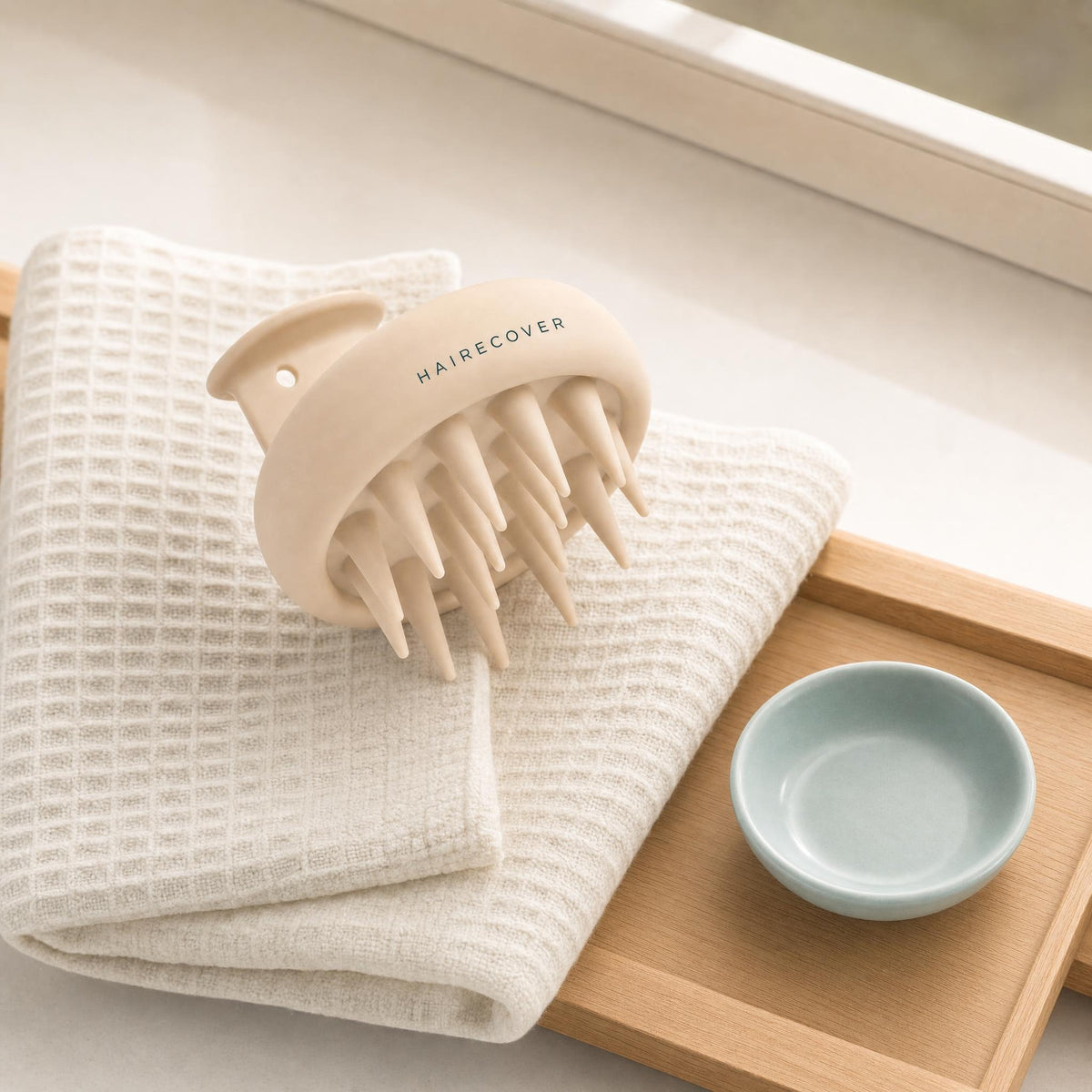 HAIRECOVER silicone scalp massager resting on a folded waffle towel on a wooden bath tray